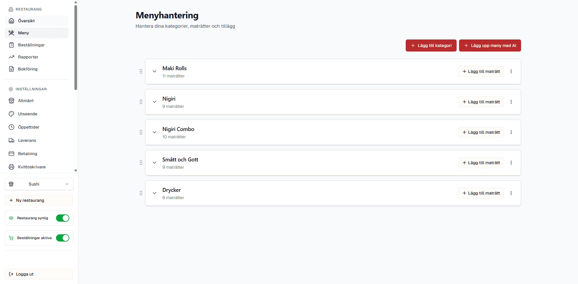 Menyhantering med kategorier listade i drag-and-drop-ordning