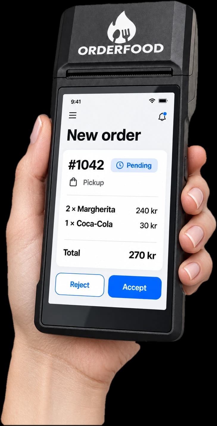 Ręka trzyma terminal OrderFood z nowym zamówieniem, #1042, dwie Margherity i Coca-Cola za 270 kr